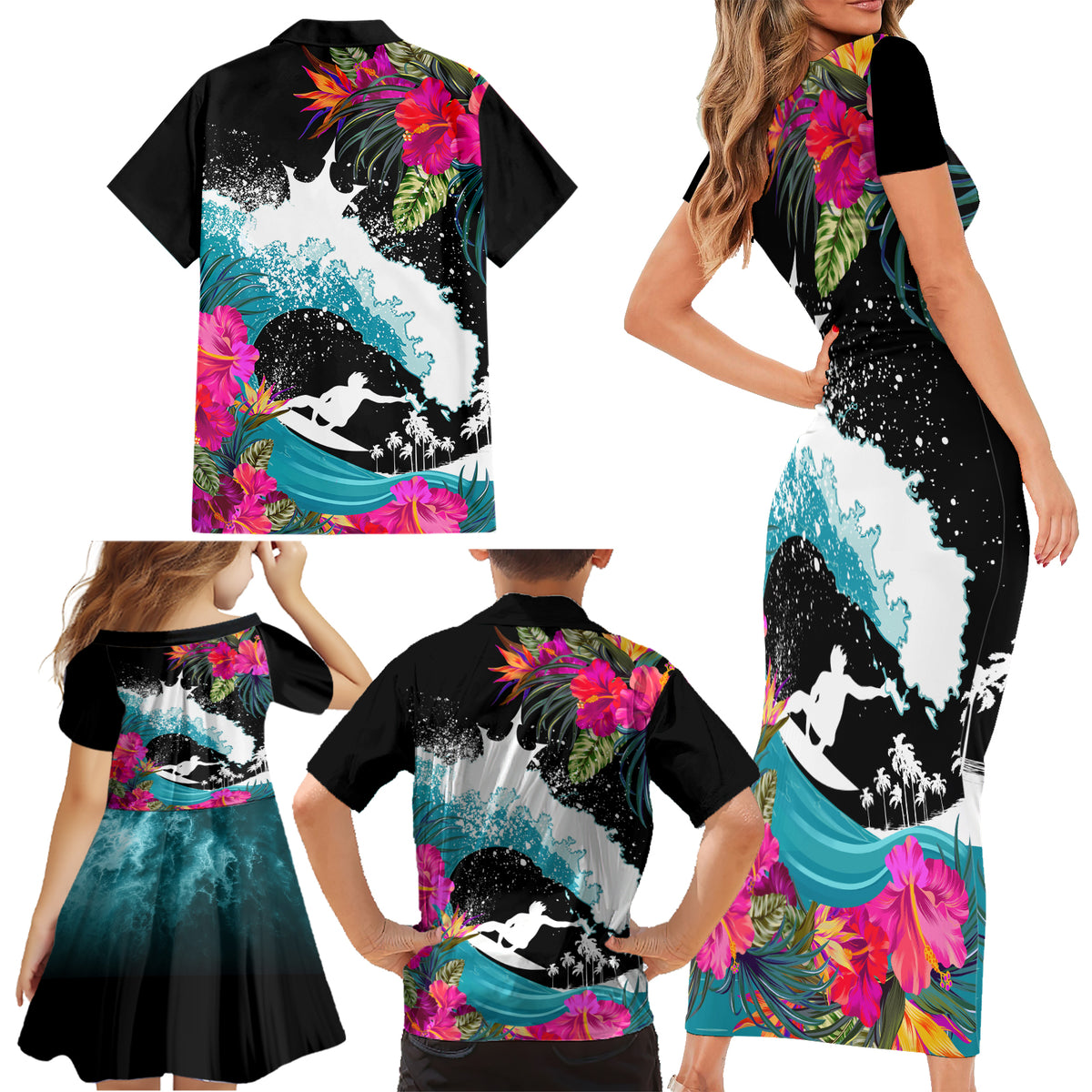 Hawaii Surfing Family Matching Short Sleeve Bodycon Dress and Hawaiian Shirt Triple Crown Rides The Waves LT7 - Polynesian Pride