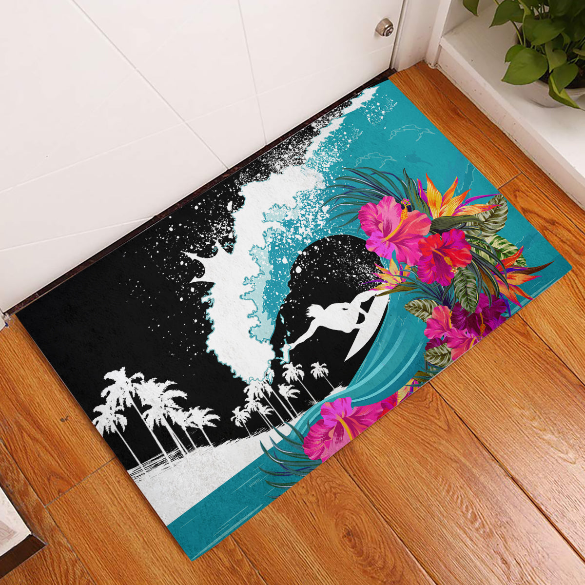 Hawaii Surfing Rubber Doormat Triple Crown Rides The Waves LT7 Black - Polynesian Pride