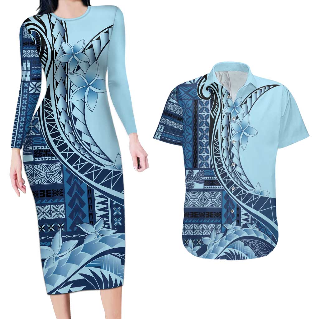 Samoa Siapo Mamanu Couples Matching Long Sleeve Bodycon Dress and Hawaiian Shirt Plumeria Navy Blue Motifs