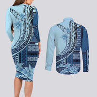 Samoa Siapo Mamanu Couples Matching Long Sleeve Bodycon Dress and Long Sleeve Button Shirt Plumeria Navy Blue Motifs