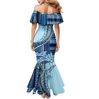 Samoa Siapo Mamanu Family Matching Mermaid Dress and Hawaiian Shirt Plumeria Navy Blue Motifs