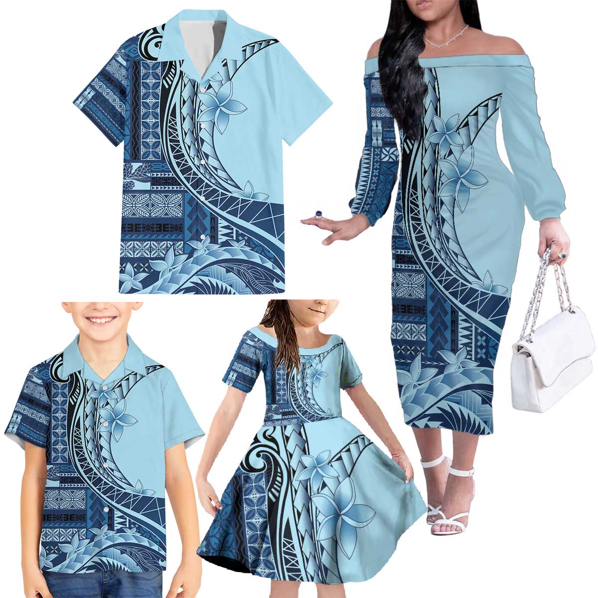 Samoa Siapo Mamanu Family Matching Off The Shoulder Long Sleeve Dress and Hawaiian Shirt Plumeria Navy Blue Motifs