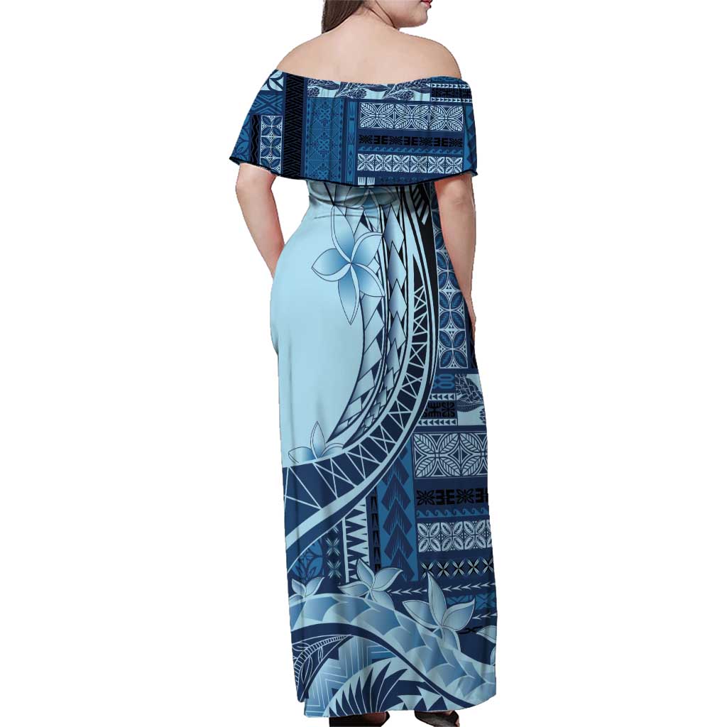 Samoa Siapo Mamanu Family Matching Off Shoulder Maxi Dress and Hawaiian Shirt Plumeria Navy Blue Motifs