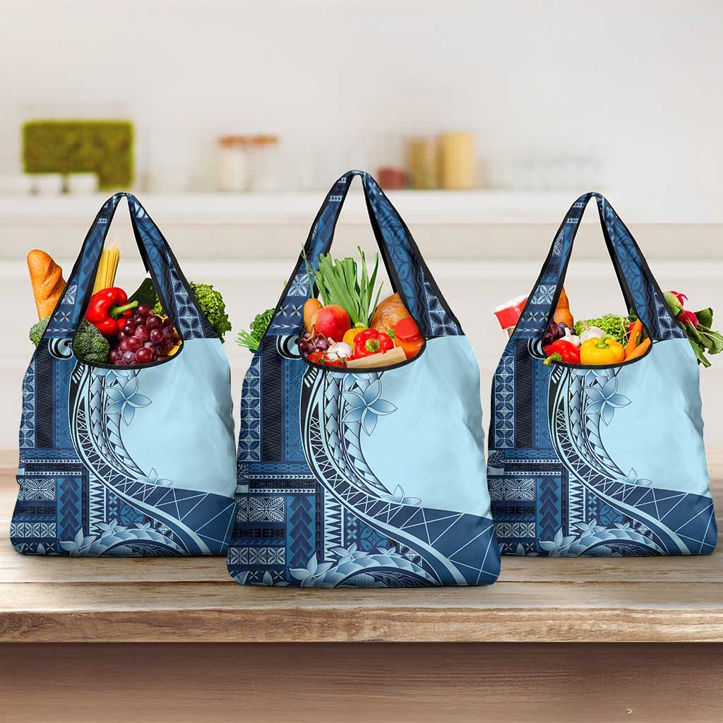 Samoa Siapo Mamanu Grocery Bag Plumeria Navy Blue Motifs