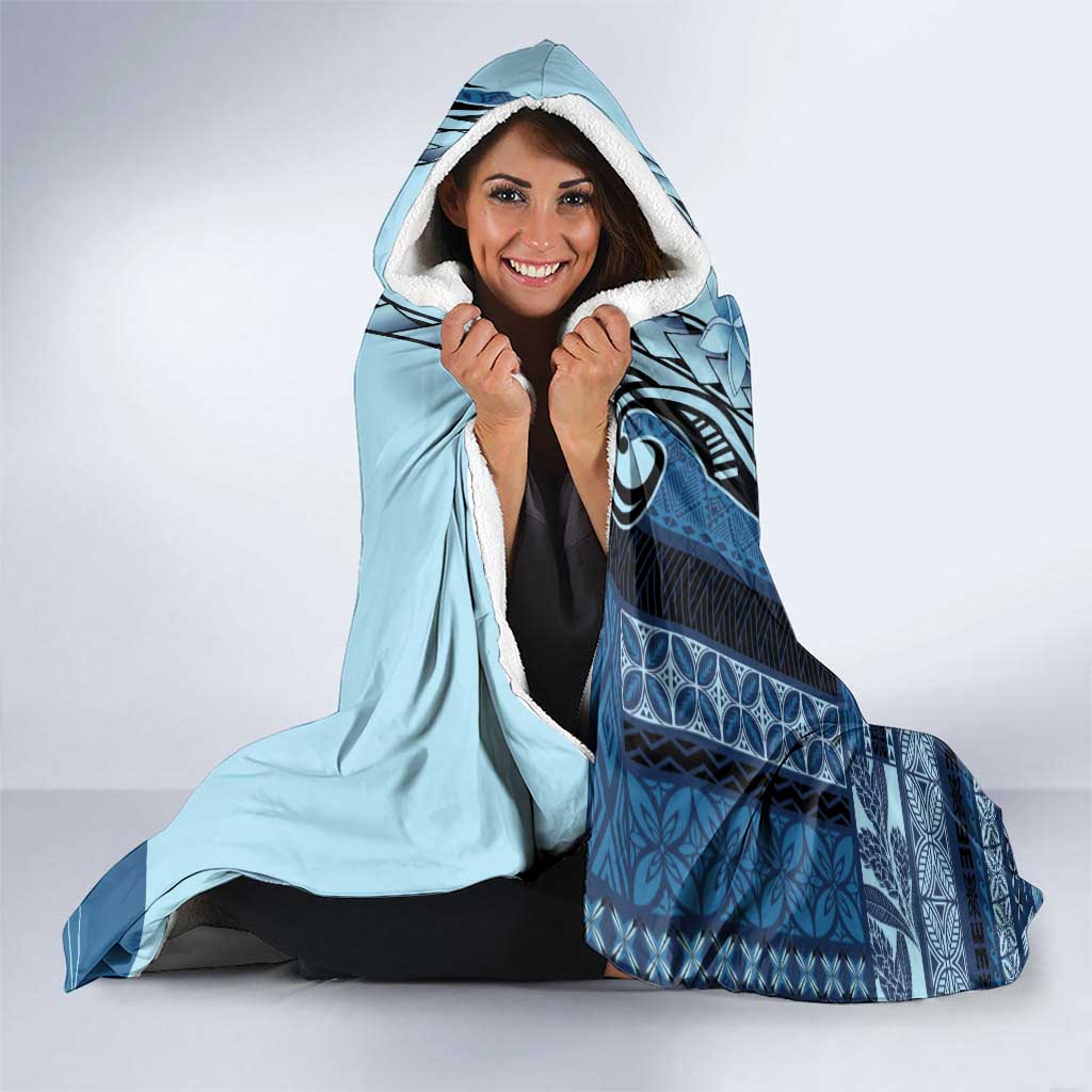 Samoa Siapo Mamanu Hooded Blanket Plumeria Navy Blue Motifs