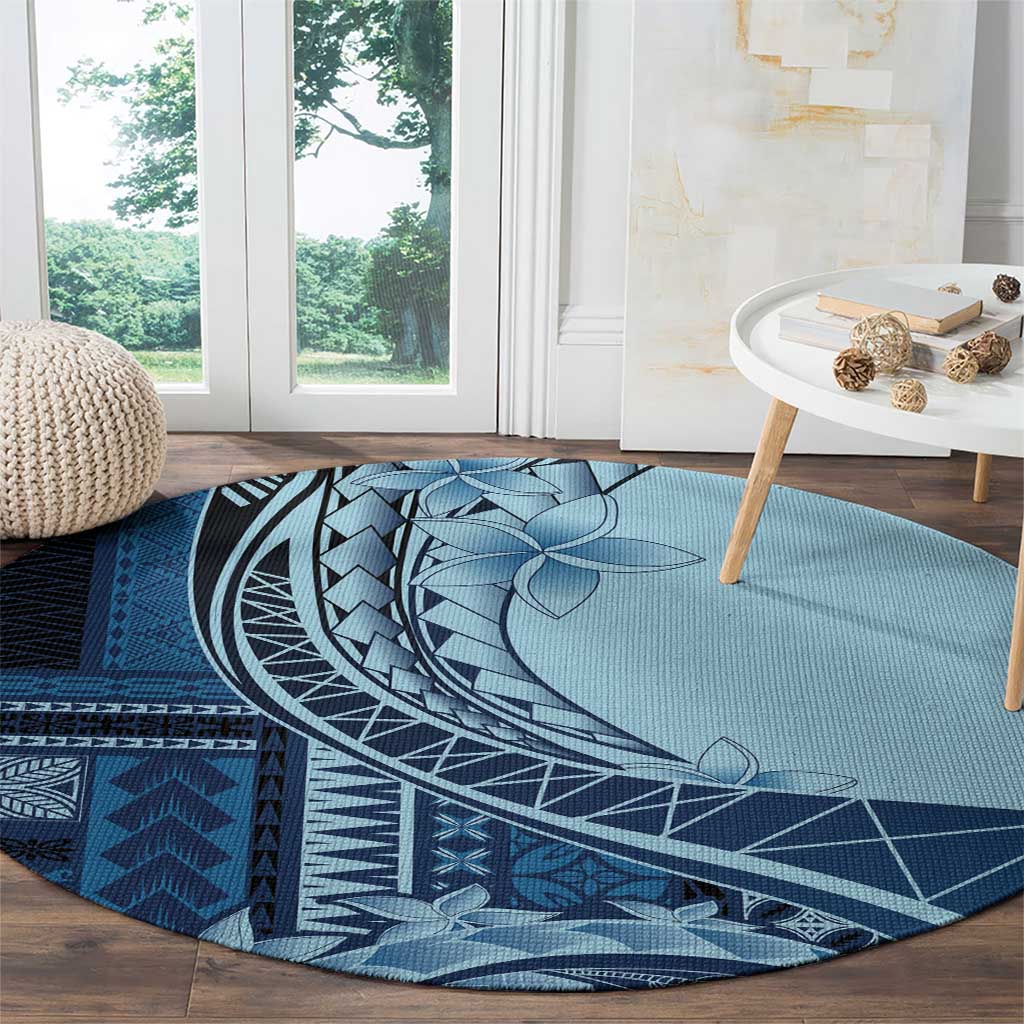 Samoa Siapo Mamanu Round Carpet Plumeria Navy Blue Motifs