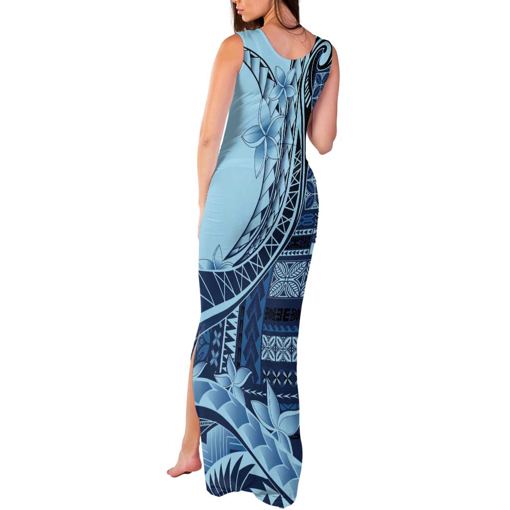 Samoa Siapo Mamanu Tank Maxi Dress Plumeria Navy Blue Motifs
