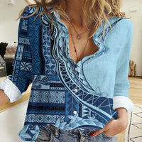 Samoa Siapo Mamanu Women Casual Shirt Plumeria Navy Blue Motifs