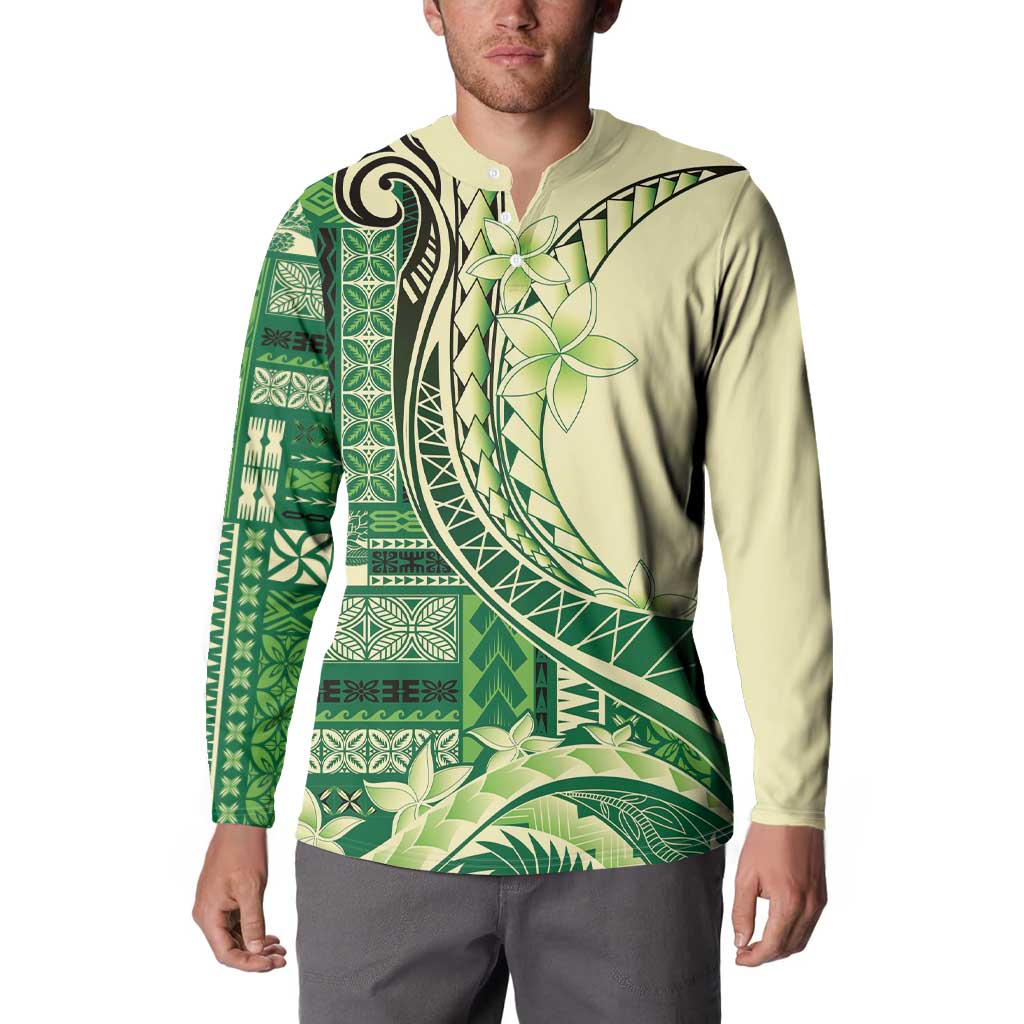 Samoa Siapo Mamanu Button Sweatshirt Plumeria Emerald Motifs