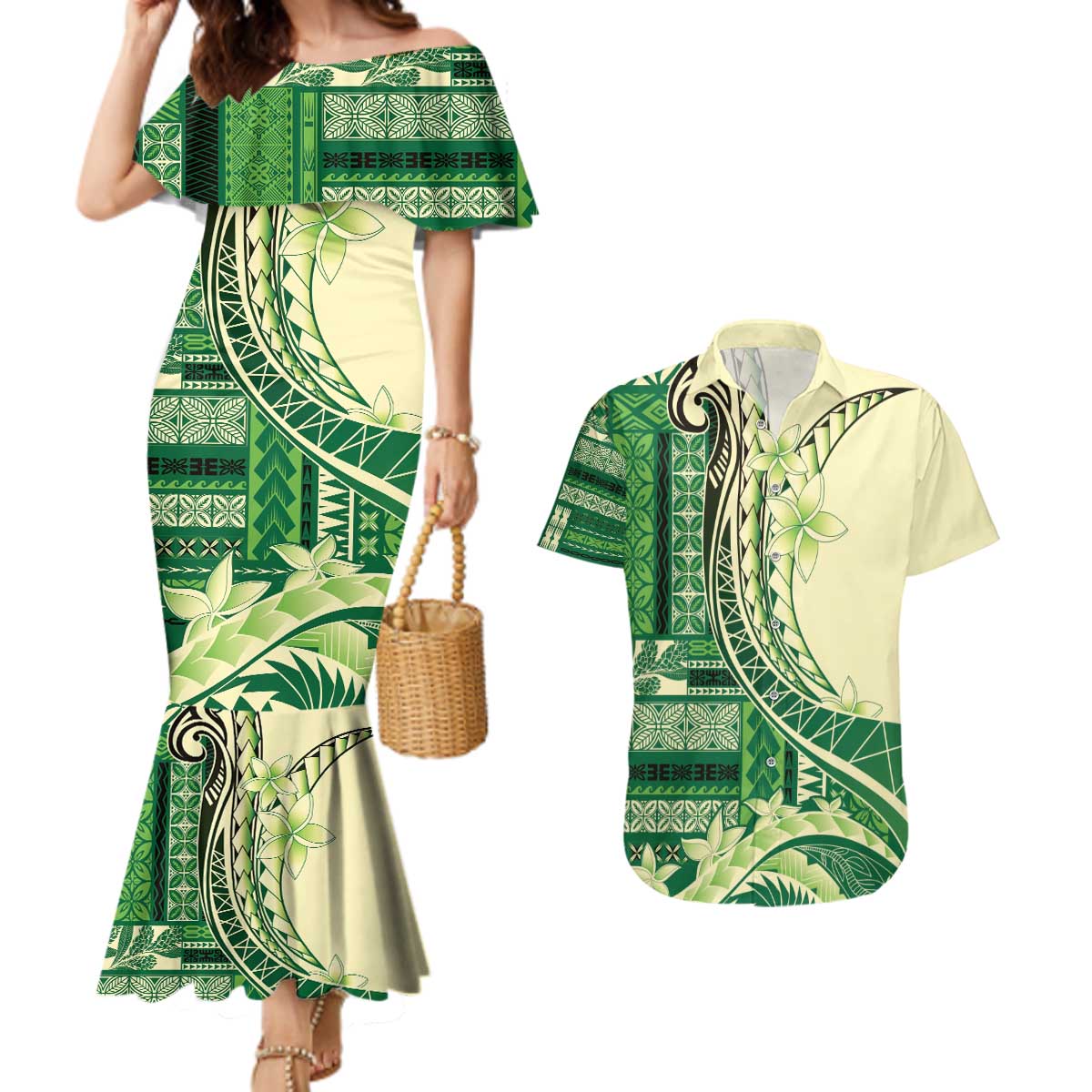 Samoa Siapo Mamanu Couples Matching Mermaid Dress and Hawaiian Shirt Plumeria Emerald Motifs