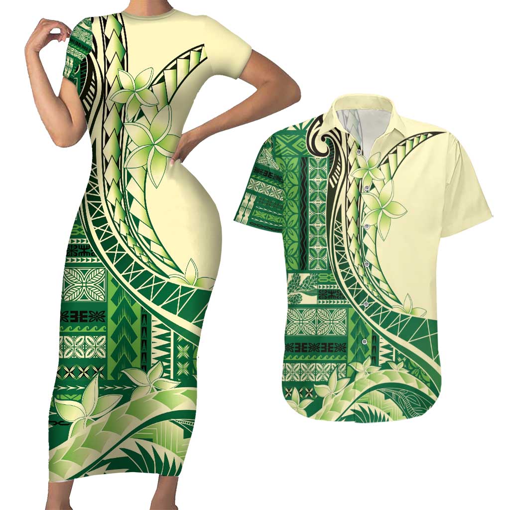 Samoa Siapo Mamanu Couples Matching Short Sleeve Bodycon Dress and Hawaiian Shirt Plumeria Emerald Motifs