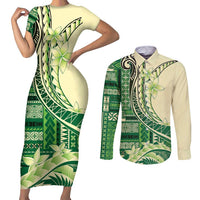 Samoa Siapo Mamanu Couples Matching Short Sleeve Bodycon Dress and Long Sleeve Button Shirt Plumeria Emerald Motifs