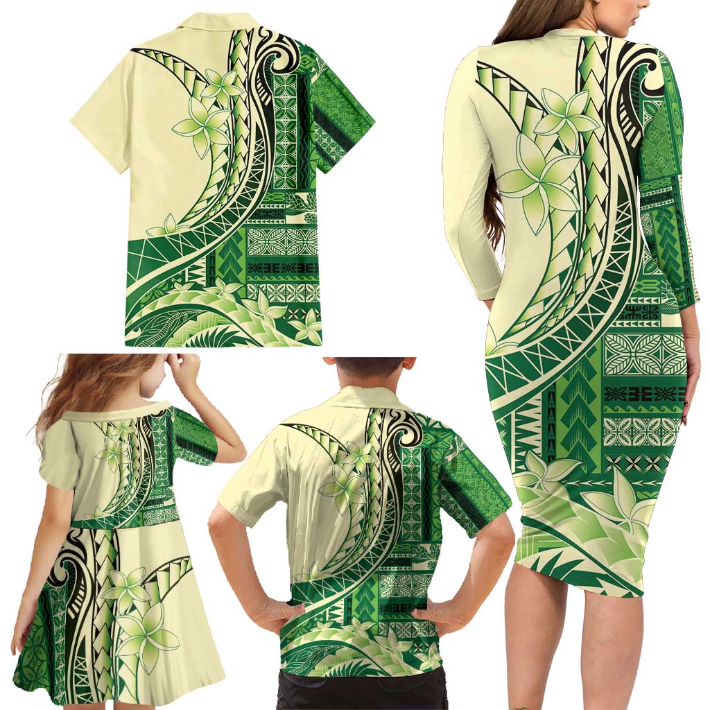 Samoa Siapo Mamanu Family Matching Long Sleeve Bodycon Dress and Hawaiian Shirt Plumeria Emerald Motifs
