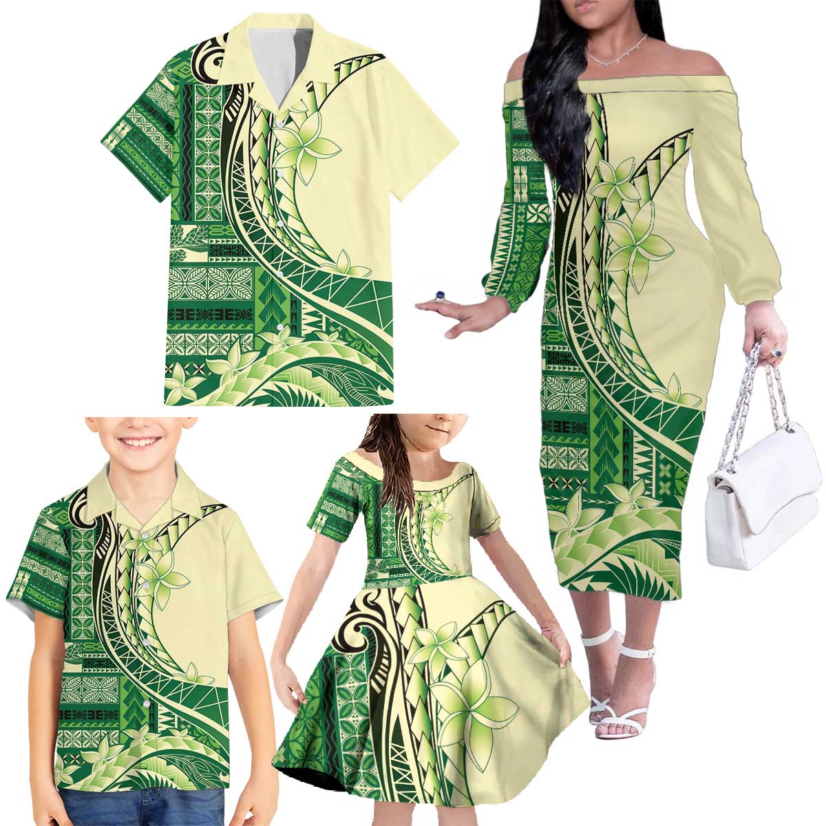 Samoa Siapo Mamanu Family Matching Off The Shoulder Long Sleeve Dress and Hawaiian Shirt Plumeria Emerald Motifs