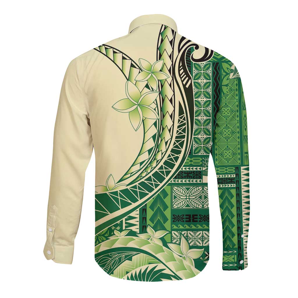 Samoa Siapo Mamanu Long Sleeve Button Shirt Plumeria Emerald Motifs