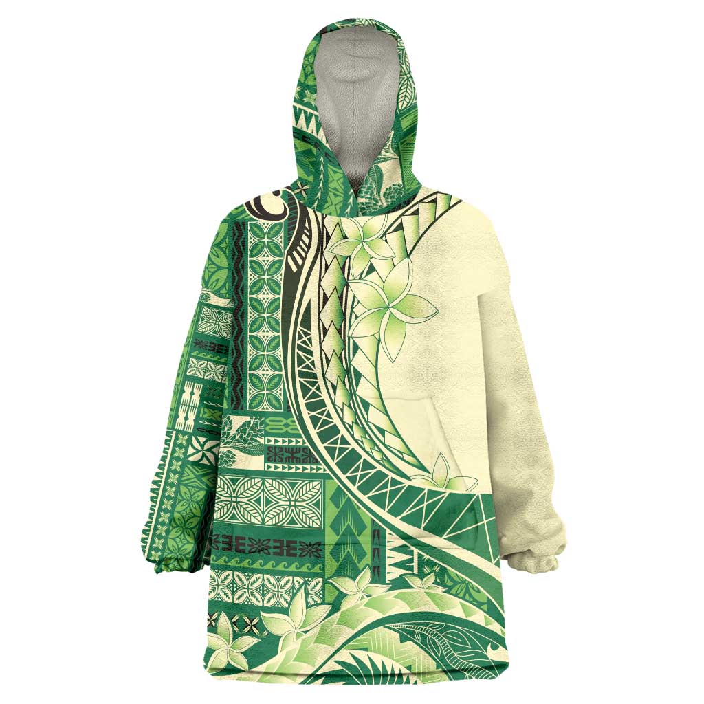 Samoa Siapo Mamanu Wearable Blanket Hoodie Plumeria Emerald Motifs