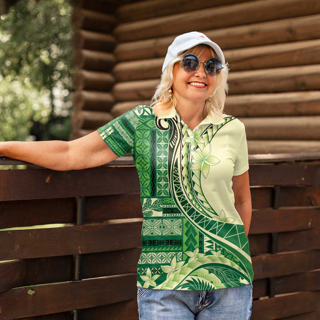 Samoa Siapo Mamanu Women Polo Shirt Plumeria Emerald Motifs