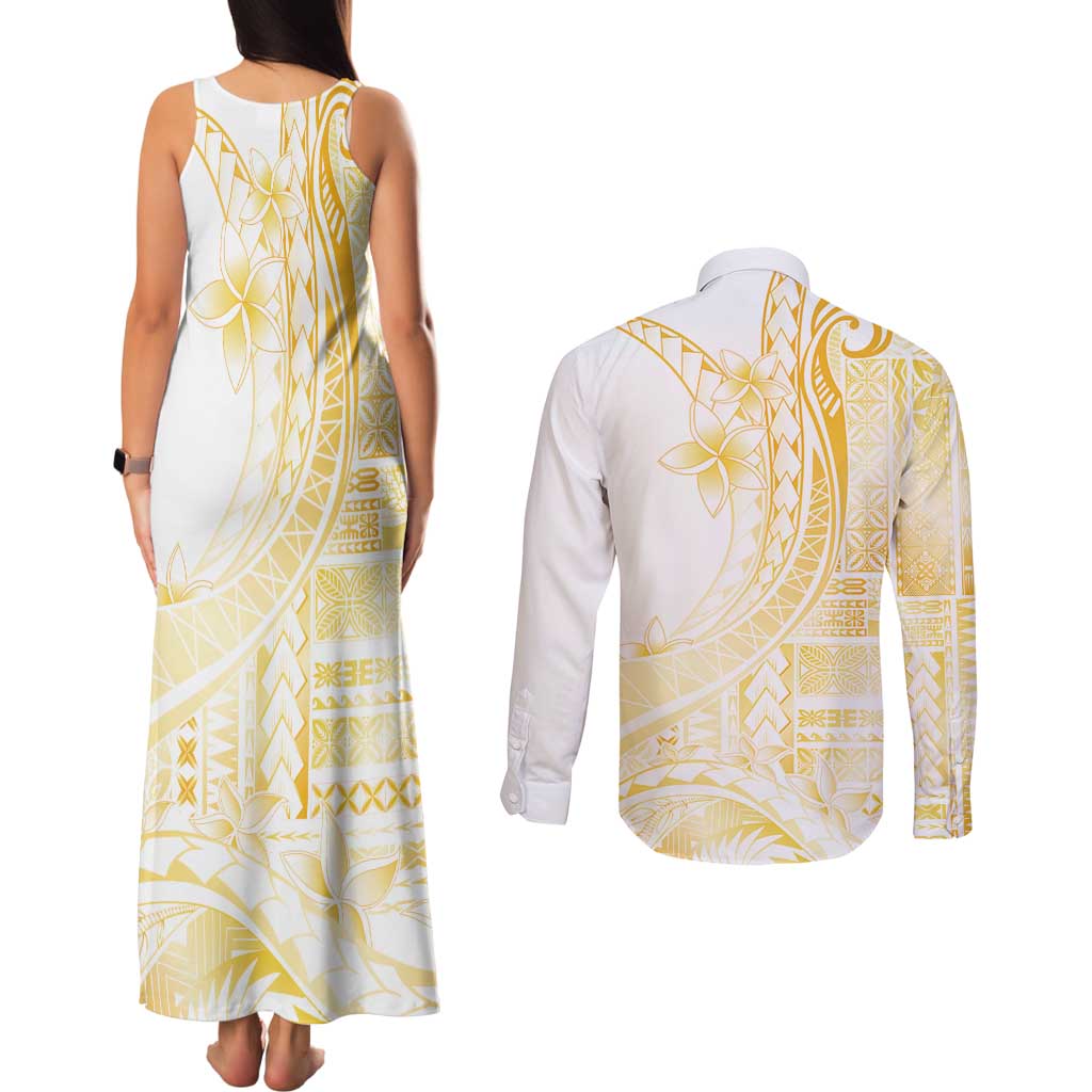 Samoa Siapo Mamanu Couples Matching Tank Maxi Dress and Long Sleeve Button Shirt Plumeria Fancy Gold Motifs