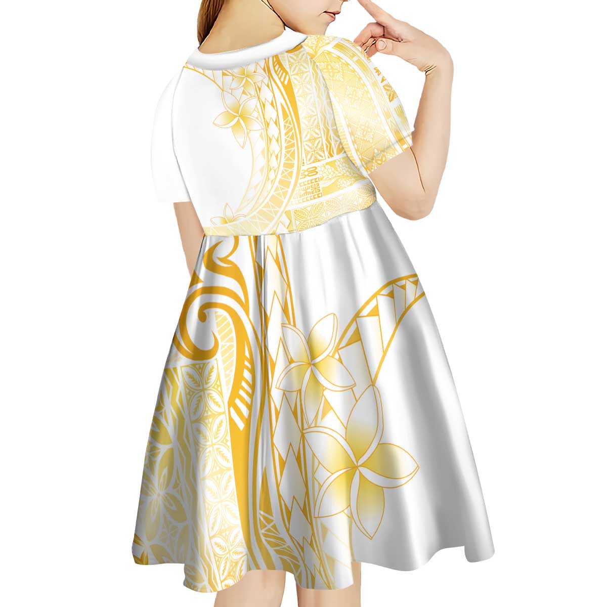 Samoa Siapo Mamanu Kid Short Sleeve Dress Plumeria Fancy Gold Motifs