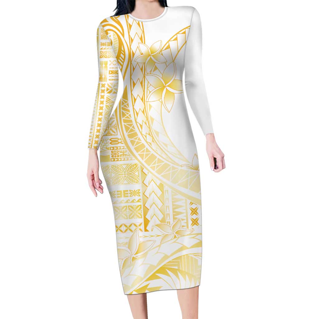 Samoa Siapo Mamanu Long Sleeve Bodycon Dress Plumeria Fancy Gold Motifs