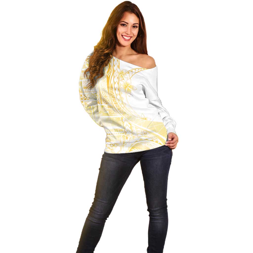 Samoa Siapo Mamanu Off Shoulder Sweater Plumeria Fancy Gold Motifs