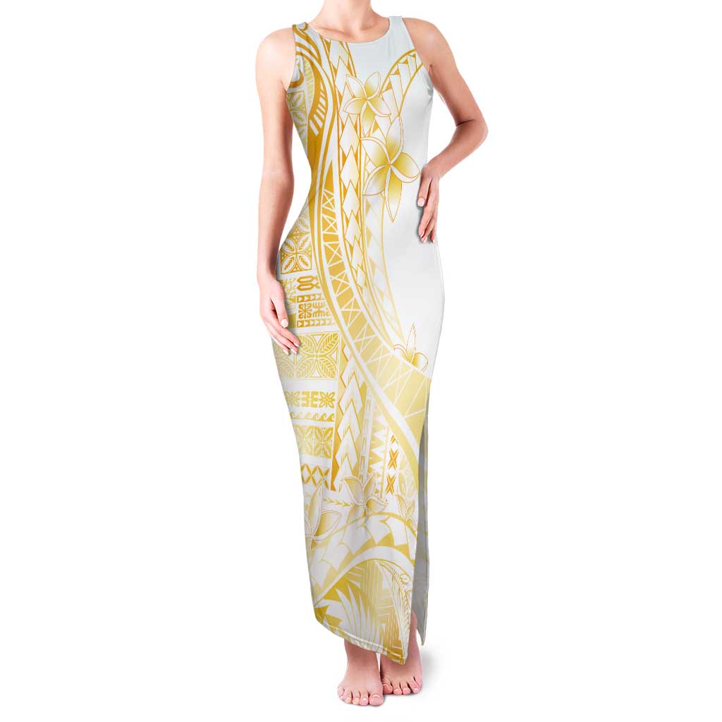 Samoa Siapo Mamanu Tank Maxi Dress Plumeria Fancy Gold Motifs