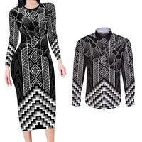 Aotearoa Taniko Pattern Couples Matching Long Sleeve Bodycon Dress and Long Sleeve Button Shirt Poutama Mix Kowhai Flowers LT7 Grey - Polynesian Pride