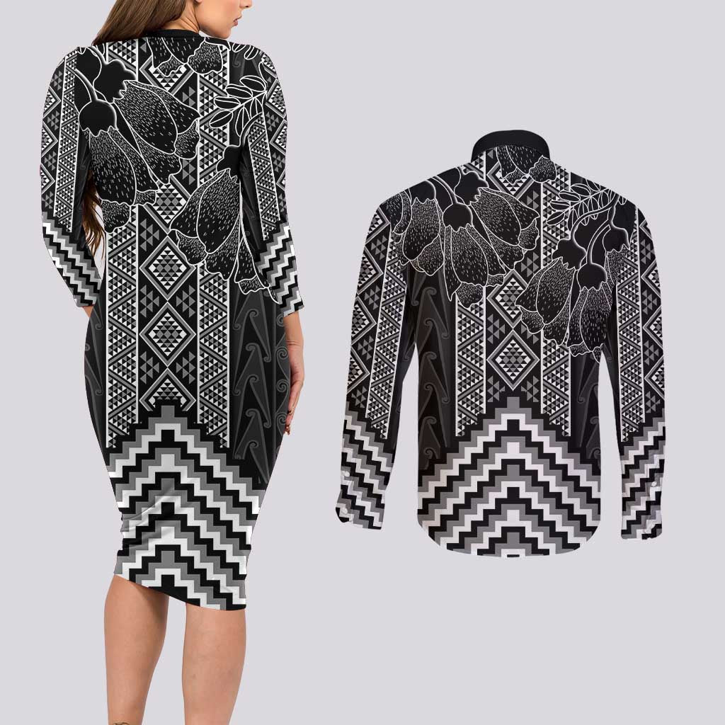 Aotearoa Taniko Pattern Couples Matching Long Sleeve Bodycon Dress and Long Sleeve Button Shirt Poutama Mix Kowhai Flowers LT7 - Polynesian Pride