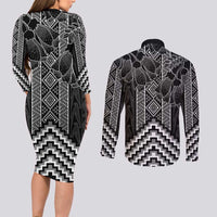 Aotearoa Taniko Pattern Couples Matching Long Sleeve Bodycon Dress and Long Sleeve Button Shirt Poutama Mix Kowhai Flowers LT7 - Polynesian Pride