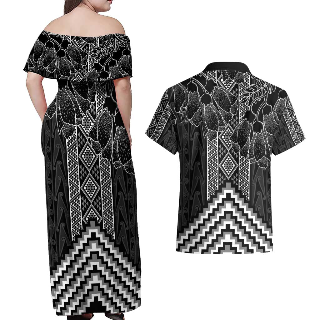 Aotearoa Taniko Pattern Couples Matching Off Shoulder Maxi Dress and Hawaiian Shirt Poutama Mix Kowhai Flowers LT7 - Polynesian Pride