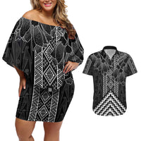 Aotearoa Taniko Pattern Couples Matching Off Shoulder Short Dress and Hawaiian Shirt Poutama Mix Kowhai Flowers LT7 Grey - Polynesian Pride