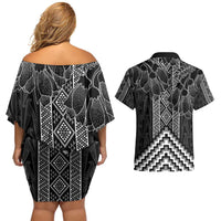 Aotearoa Taniko Pattern Couples Matching Off Shoulder Short Dress and Hawaiian Shirt Poutama Mix Kowhai Flowers LT7 - Polynesian Pride