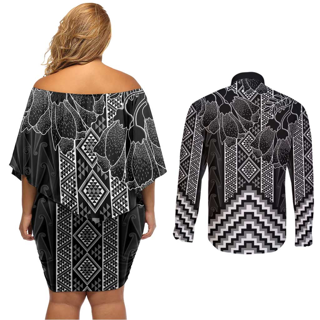 Aotearoa Taniko Pattern Couples Matching Off Shoulder Short Dress and Long Sleeve Button Shirt Poutama Mix Kowhai Flowers LT7 - Polynesian Pride