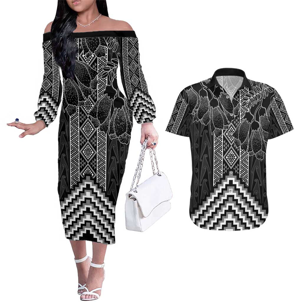 Aotearoa Taniko Pattern Couples Matching Off The Shoulder Long Sleeve Dress and Hawaiian Shirt Poutama Mix Kowhai Flowers