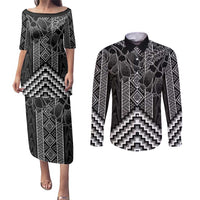 Aotearoa Taniko Pattern Couples Matching Puletasi and Long Sleeve Button Shirt Poutama Mix Kowhai Flowers