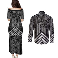 Aotearoa Taniko Pattern Couples Matching Puletasi and Long Sleeve Button Shirt Poutama Mix Kowhai Flowers