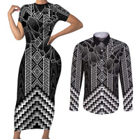 Aotearoa Taniko Pattern Couples Matching Short Sleeve Bodycon Dress and Long Sleeve Button Shirt Poutama Mix Kowhai Flowers