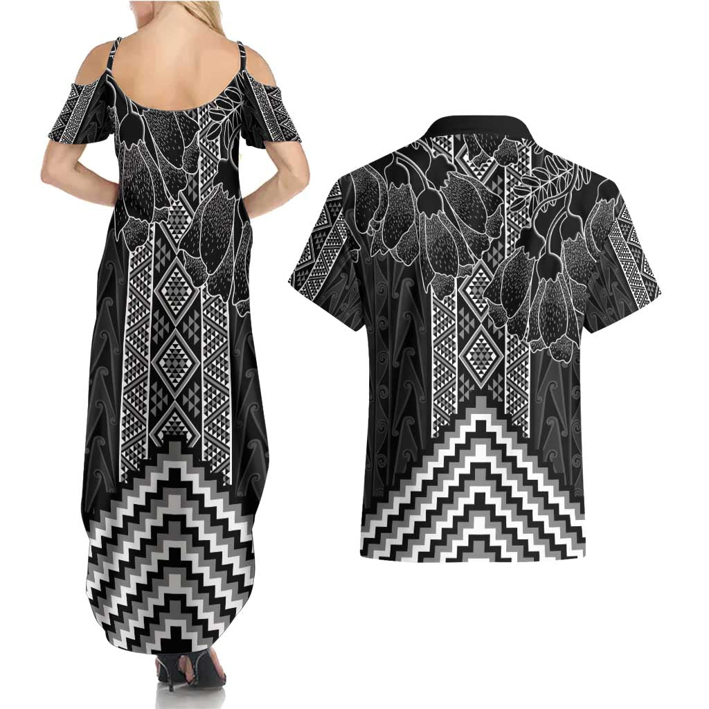 Aotearoa Taniko Pattern Couples Matching Summer Maxi Dress and Hawaiian Shirt Poutama Mix Kowhai Flowers