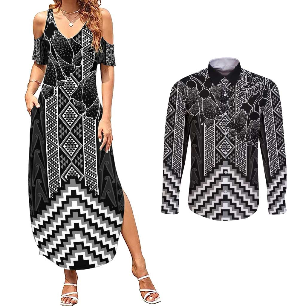 Aotearoa Taniko Pattern Couples Matching Summer Maxi Dress and Long Sleeve Button Shirt Poutama Mix Kowhai Flowers LT7 Grey - Polynesian Pride