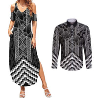 Aotearoa Taniko Pattern Couples Matching Summer Maxi Dress and Long Sleeve Button Shirt Poutama Mix Kowhai Flowers LT7 Grey - Polynesian Pride