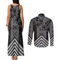 Aotearoa Taniko Pattern Couples Matching Tank Maxi Dress and Long Sleeve Button Shirt Poutama Mix Kowhai Flowers
