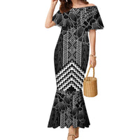 Aotearoa Taniko Pattern Family Matching Mermaid Dress and Hawaiian Shirt Poutama Mix Kowhai Flowers LT7 Mom's Dress Grey - Polynesian Pride