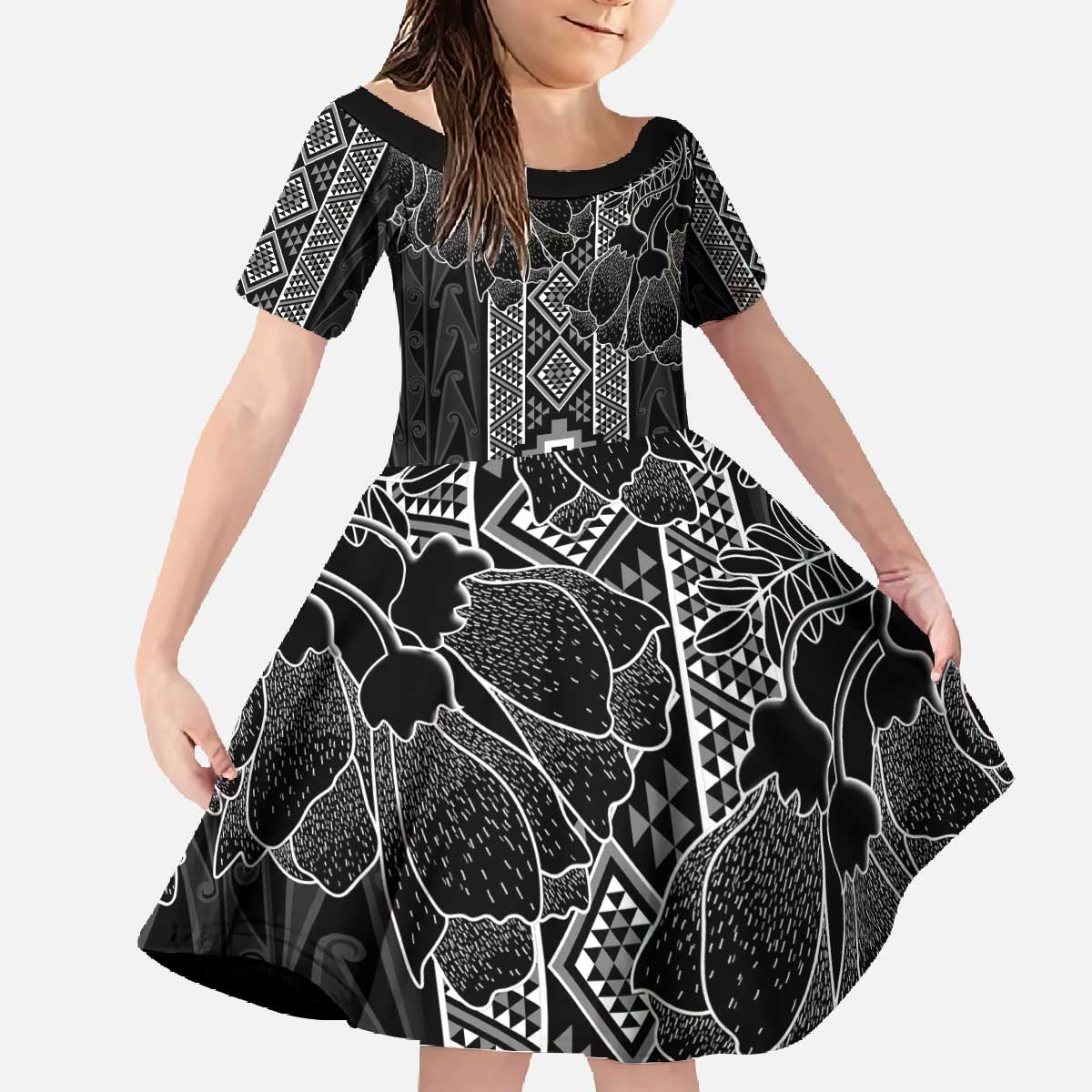 Aotearoa Taniko Pattern Family Matching Off The Shoulder Long Sleeve Dress and Hawaiian Shirt Poutama Mix Kowhai Flowers LT7 Daughter's Dress Grey - Polynesian Pride