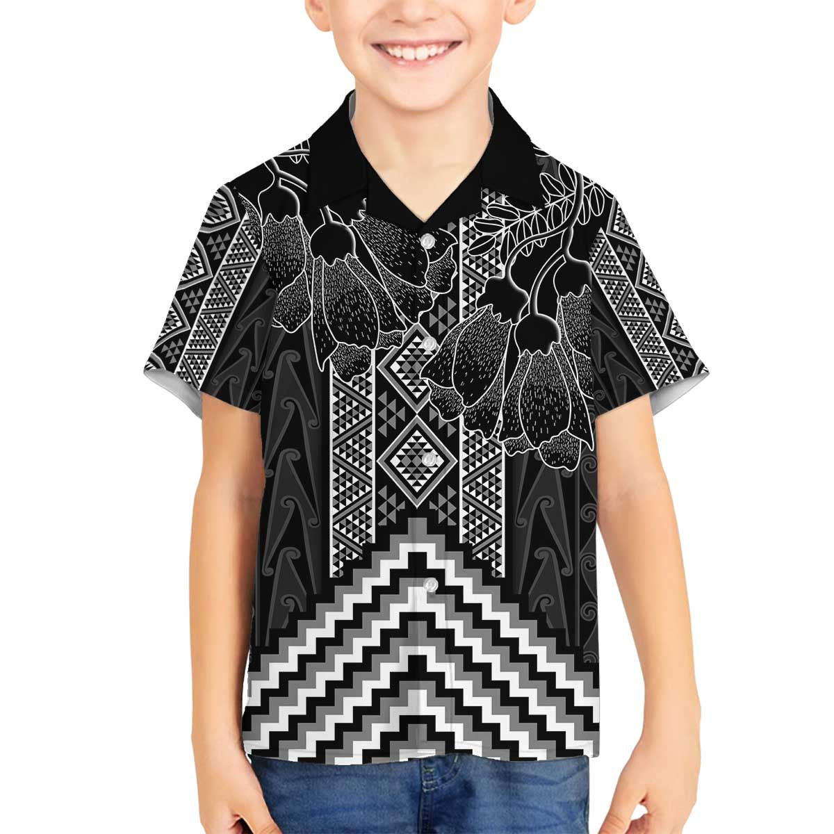 Aotearoa Taniko Pattern Family Matching Off The Shoulder Long Sleeve Dress and Hawaiian Shirt Poutama Mix Kowhai Flowers LT7 Son's Shirt Grey - Polynesian Pride