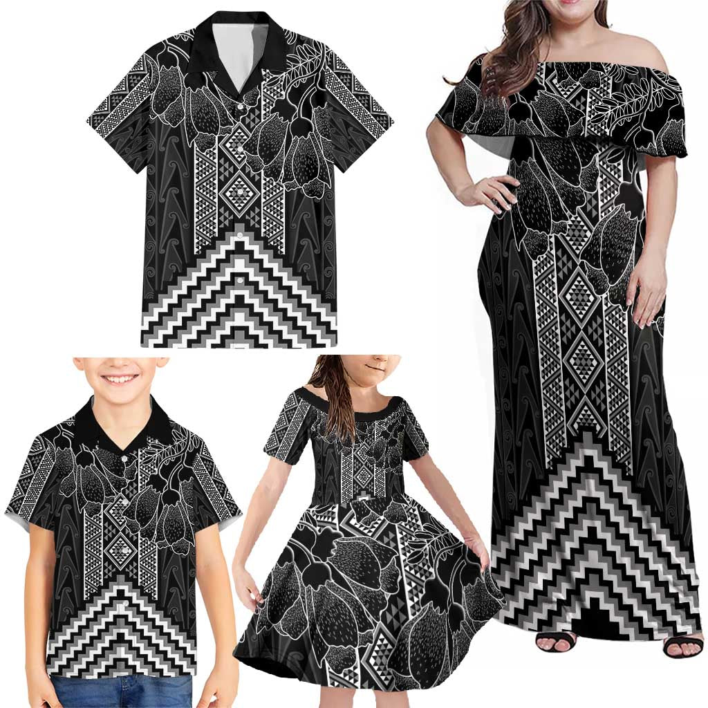 Aotearoa Taniko Pattern Family Matching Off Shoulder Maxi Dress and Hawaiian Shirt Poutama Mix Kowhai Flowers