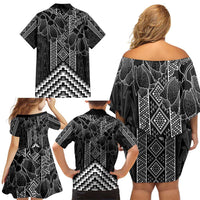 Aotearoa Taniko Pattern Family Matching Off Shoulder Short Dress and Hawaiian Shirt Poutama Mix Kowhai Flowers LT7 - Polynesian Pride