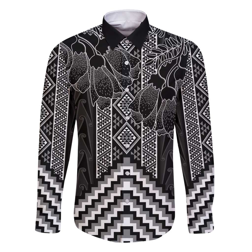 Aotearoa Taniko Pattern Family Matching Off Shoulder Short Dress and Hawaiian Shirt Poutama Mix Kowhai Flowers LT7 Dad's Shirt - Long Sleeve Grey - Polynesian Pride