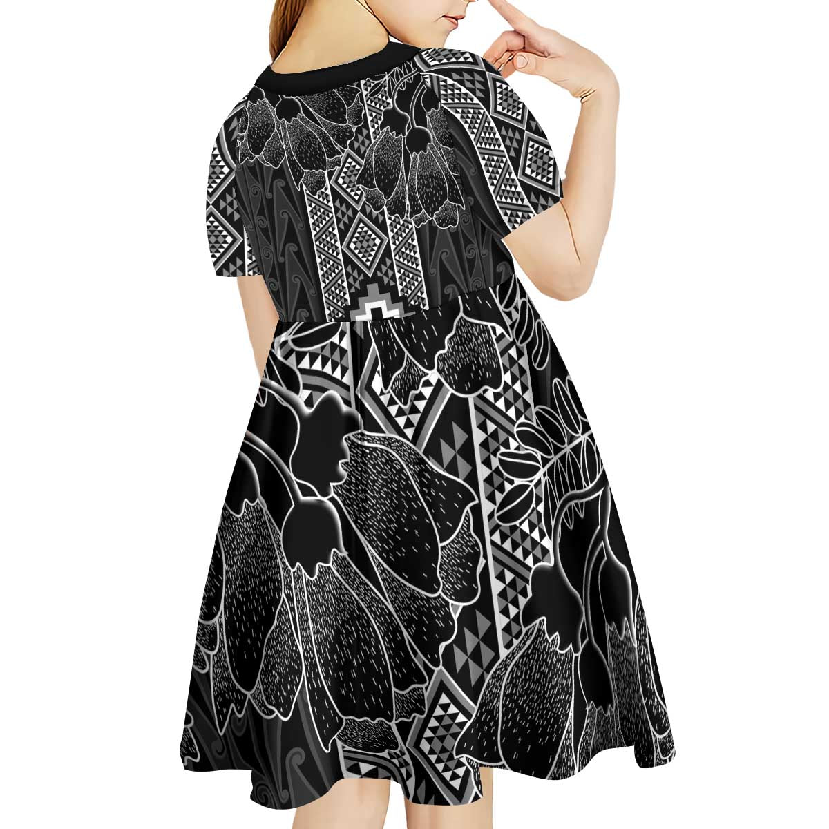 Aotearoa Taniko Pattern Kid Short Sleeve Dress Poutama Mix Kowhai Flowers