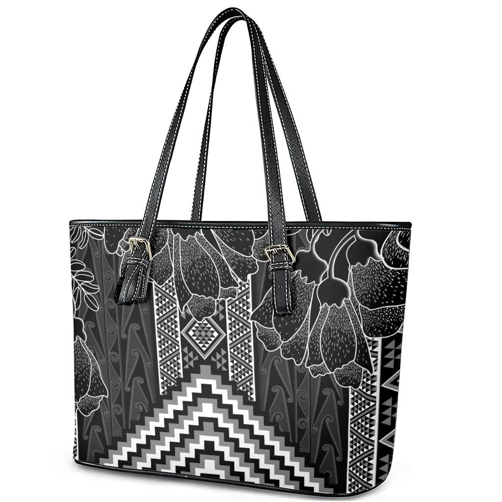 Aotearoa Taniko Pattern Leather Tote Bag Poutama Mix Kowhai Flowers LT7 - Polynesian Pride