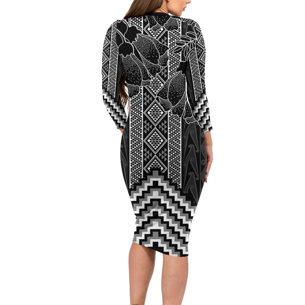 Aotearoa Taniko Pattern Long Sleeve Bodycon Dress Poutama Mix Kowhai Flowers LT7 - Polynesian Pride